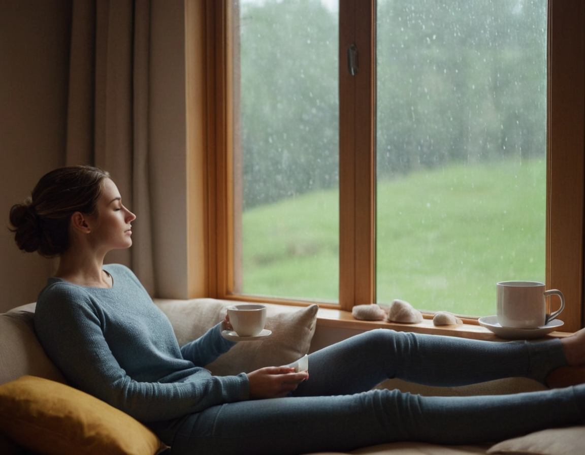 Persona relajada junto a la ventana mientras llueve, alivio de la alergia