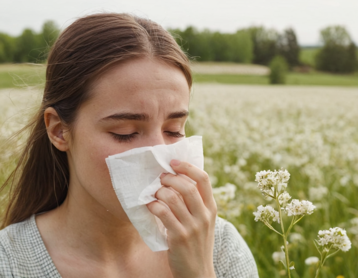 Mujer estornudando en un campo de flores por la alergia al polen