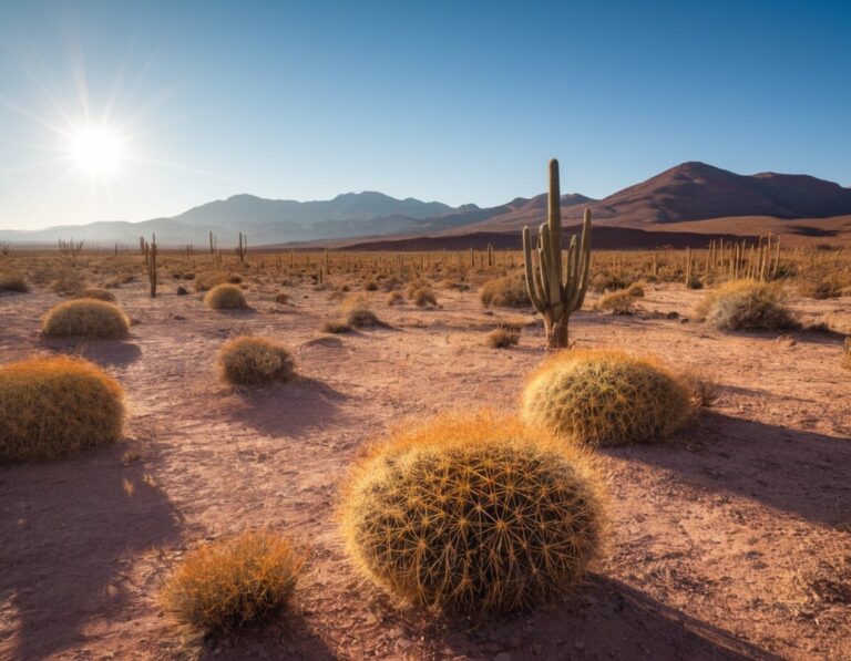 Paisaje del Norte argentino con calor de primavera, cardones y sol fuerte