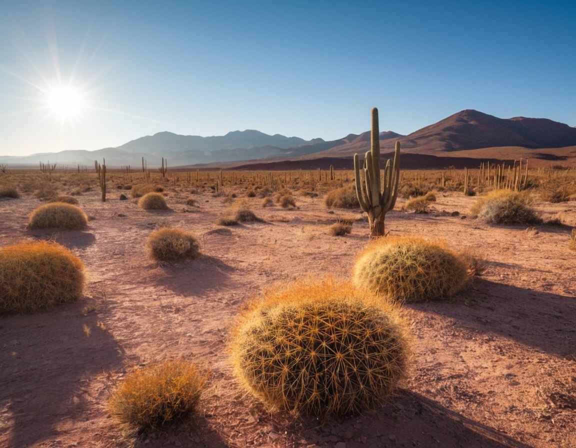 Paisaje del Norte argentino con calor de primavera, cardones y sol fuerte
