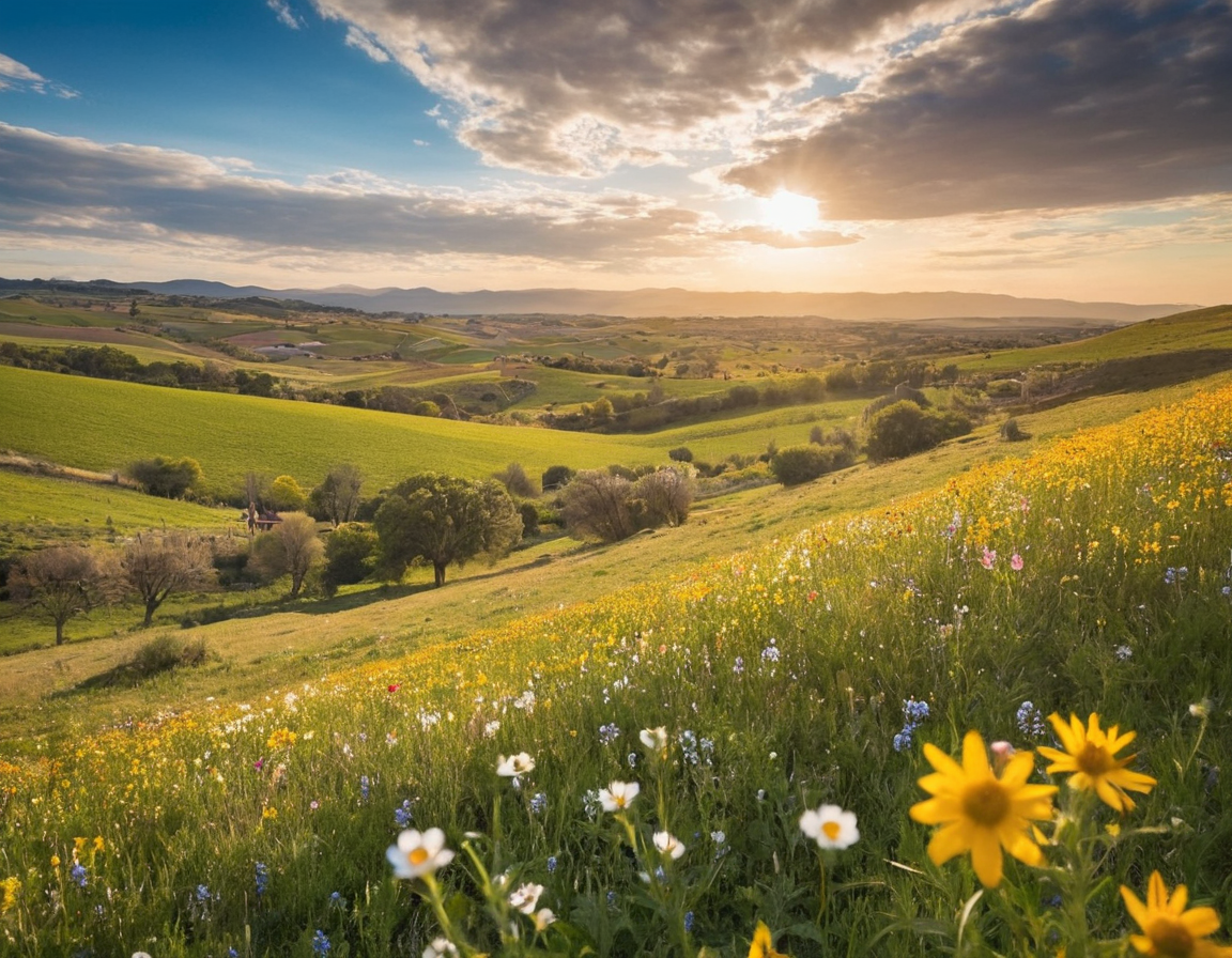 Campo argentino en primavera con flores y cielo despejado
