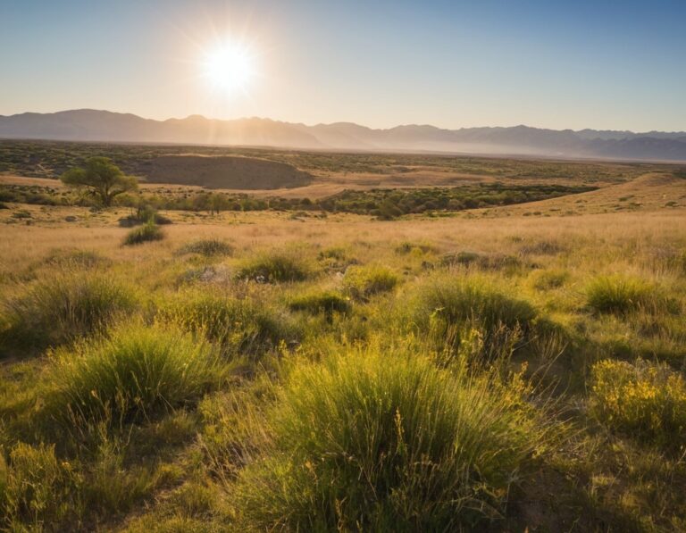 Sol fuerte de primavera sobre un pastizal en el norte argentino, con calina en el horizonte