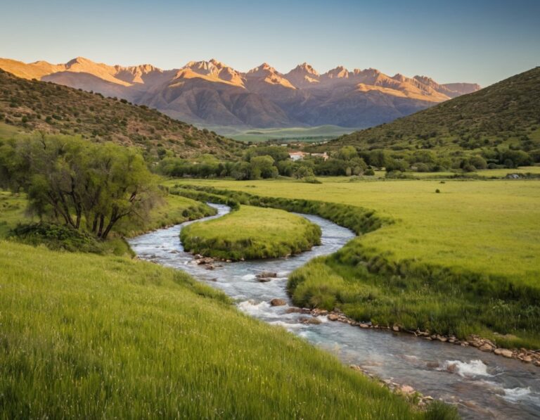 Sierras de Córdoba en primavera, valle verde y río