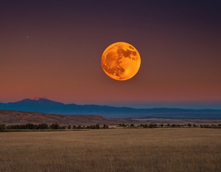 Superluna: luna llena naranja saliendo sobre las montañas al atardecer