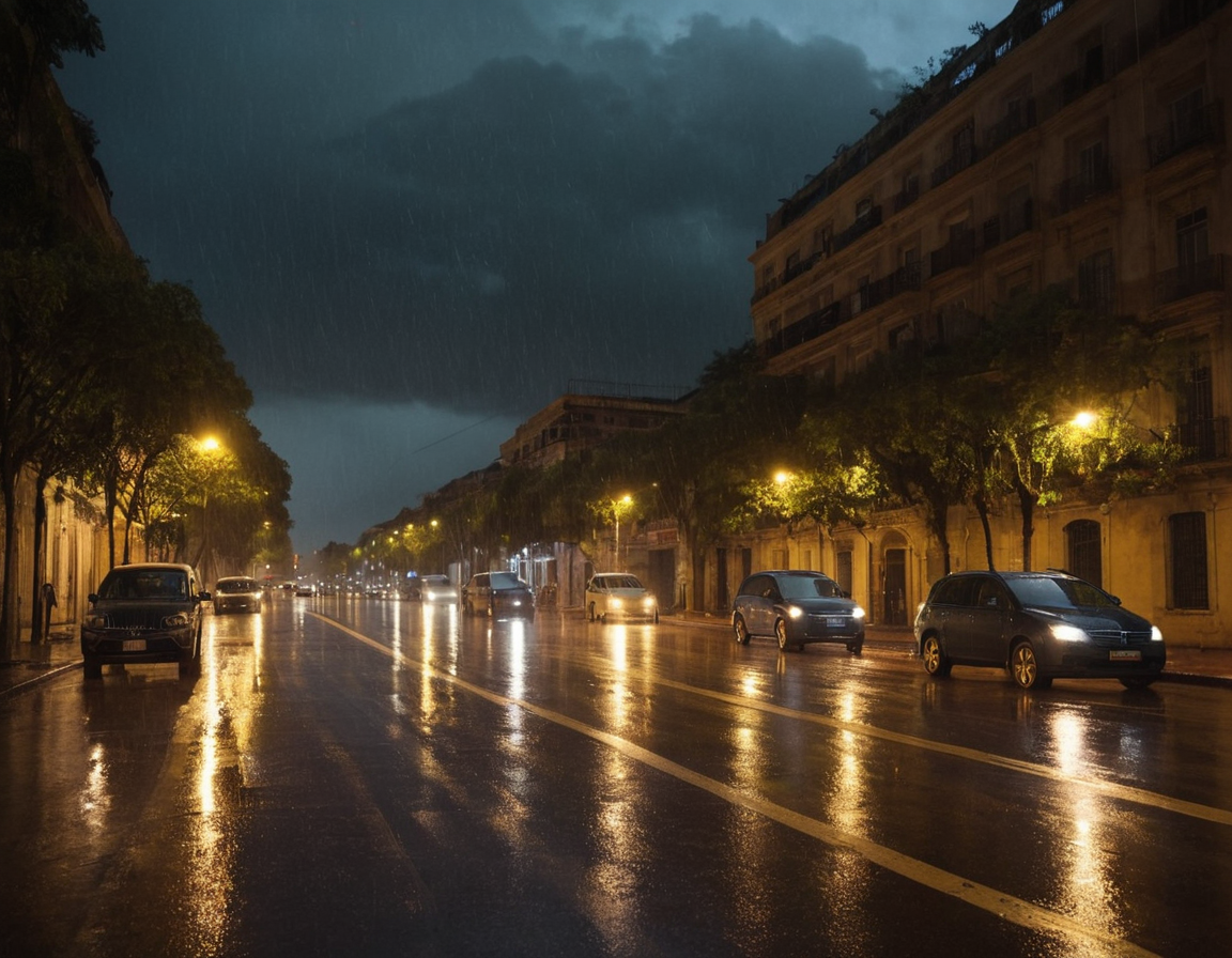 Tormenta de lluvia sobre una avenida de ciudad en Argentina, calle mojada con reflejos de luces bajo cielo tormentoso